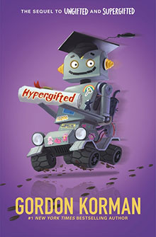 A smiling robot wearing a graduation cap holds a diploma labeled "Hypergifted" on a purple background.