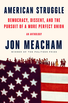 Book cover of "American Struggle" by Jon Meacham, draped U.S. flag, and silhouettes of people standing.
