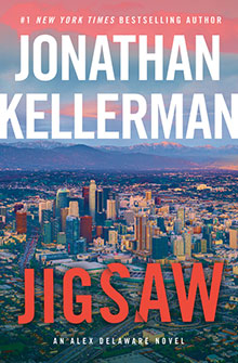 Book cover for "Jigsaw" by Jonathan Kellerman, featuring a cityscape under a colorful sky.