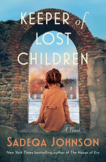 A young girl sits in a brick archway, looking out at water and a burning building; book title and author shown.