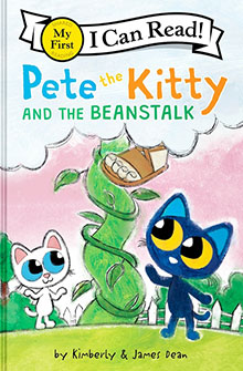 Two cartoon cats look up at a beanstalk with a house at the top; book cover for "Pete the Kitty.