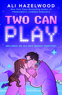 Illustrated couple kisses in front of mountains with pixelated text reading "Two Can Play" above them.