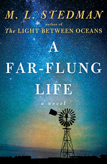 Book cover with a starry night sky, windmill silhouette, and text: "A Far-Flung Life" by M.L. Stedman.