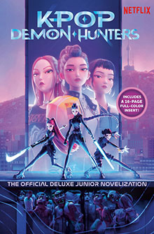 Three animated K-pop stars in futuristic outfits stand ready with glowing weapons; Seoul’s skyline is in the background.