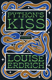 Book cover for "Python’s Kiss" by Louise Erdrich, featuring colorful intertwined snakes on a black background.