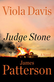 Book cover for "Judge Stone" by Viola Davis and James Patterson, showing a burning house at sunset.