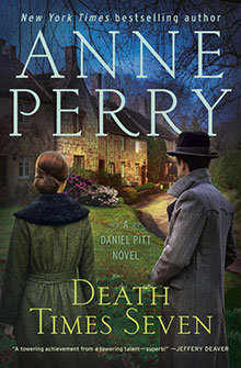 Cover of "Death Times Seven" by Anne Perry, showing two people in period clothing facing a stone house at dusk.