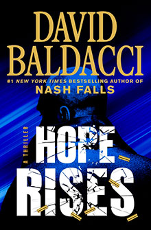 Book cover for "Hope Rises" by David Baldacci, featuring a shadowy figure and bold, cracked white text.