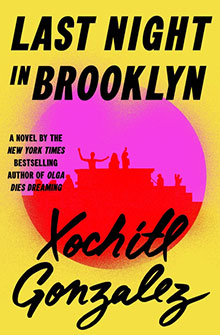 Book cover for "Last Night in Brooklyn" with silhouettes on a rooftop against a pink sunset.