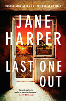 Book cover: An open door reveals a fiery sunset over a dry field. Title text: "Jane Harper Last One Out".