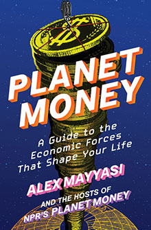 A stack of gold coins with a bitcoin symbol, book title "Planet Money" and author details on a blue background.