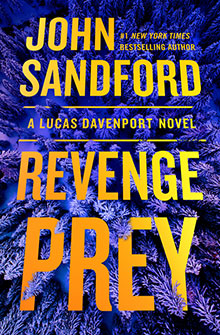 Book cover of "Revenge Prey" by John Sandford, featuring bold yellow text over purple-tinted pine branches.