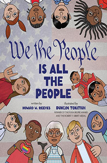 Children of diverse backgrounds form a circle around the text "We the People Is All The People" on a flag background.