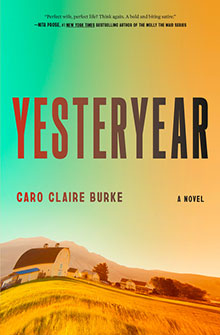 Book cover for "Yesteryear" with a farm scene, barn, and colorful sky gradient in orange and teal.