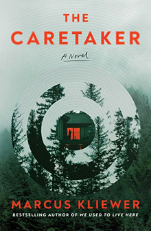 Book cover for "The Caretaker" shows a house in a forest, framed by concentric circles and misty trees.