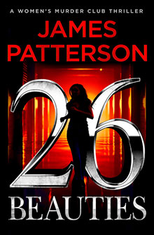 Book cover for "26 Beauties" by James Patterson, showing a silhouetted woman against a red-lit hallway.