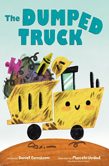 Illustrated yellow dump truck carrying colorful junk, with "The Dumped Truck" title above in bold blue letters.