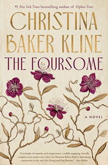 Book cover of "The Foursome" by Christina Baker Kline with illustrated purple flowers and gold branches.