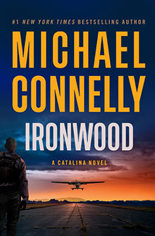 Book cover for "Ironwood" by Michael Connelly, featuring a runway at sunset and a person facing an approaching plane.