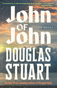 Book cover for "John of John" by Douglas Stuart, with stormy sky and bold white and yellow text.