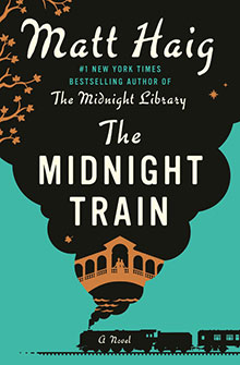 Book cover for "The Midnight Train" by Matt Haig, showing a train with smoke forming a library over teal background.