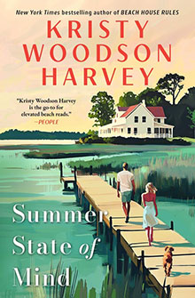 A couple and a child walk on a dock toward a white house by the water; book title: "Summer State of Mind.