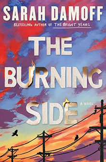 Book cover for "The Burning Side" with birds, power lines, and a vibrant sunset sky in the background.