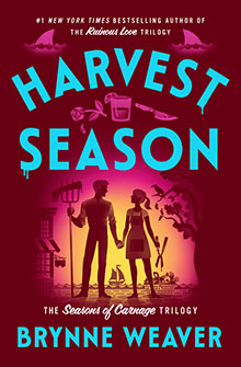Silhouetted couple holding hands with weapons in a garden; "Harvest Season" by Brynne Weaver book cover.