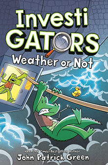 Two cartoon alligators in detective outfits hang from a rope over stormy water, with lightning in the background.