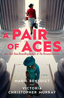 Book cover: A woman in red enters a building while another in teal sits below; title "A Pair of Aces" in bold letters.