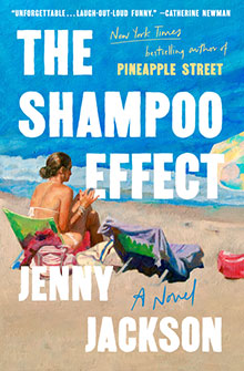 A woman sits on the beach with a bag, beneath the title "The Shampoo Effect" by Jenny Jackson.