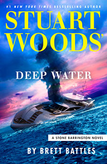A sinking yacht with smoke rising, under a dramatic sky; book title: "Deep Water" by Stuart Woods.