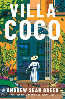 A woman in a white dress stands outside a colorful villa with flowers, holding a yellow hat. Text reads "Villa Coco.