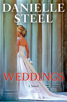 A bride in a white gown stands by columns; the cover reads "Danielle Steel: Weddings, A Novel.