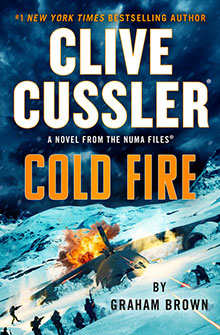 Book cover of "Cold Fire" by Clive Cussler and Graham Brown, featuring a plane crash in snowy mountains.