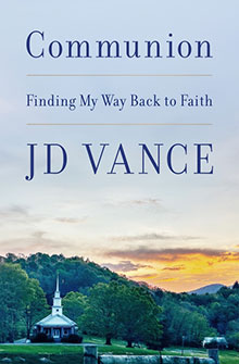 Book cover of "Communion" by JD Vance, featuring a church surrounded by trees at sunset under a cloudy sky.