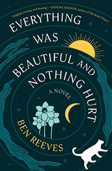 Book cover for "Everything Was Beautiful and Nothing Hurt" with flowers, a cat, sun, and crescent moon design.