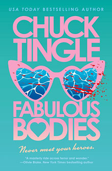 Book cover with pink sunglasses, broken and blood-splattered, and the title "Fabulous Bodies" by Chuck Tingle.