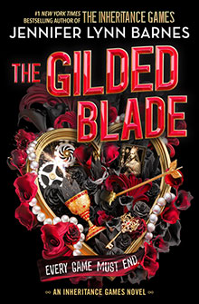 Book cover of "The Gilded Blade" with a heart-shaped frame, roses, pearls, and gold objects on a black background.