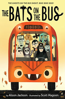 Illustrated bus with bats, ghosts, and monsters as passengers; book cover for "The Bats on the Bus.