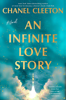 Book cover for "An Infinite Love Story" by Chanel Cleeton with gold text and a rocket launching in the background.