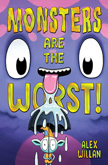 Book cover of "Monsters Are the Worst!" with a monster's face and a goat holding an umbrella under dripping drool.
