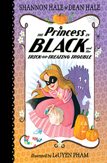 Book cover of "The Princess in Black and the Trick-or-Treating Trouble" with a masked princess and Halloween theme.