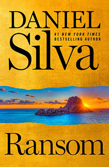 Book cover for "Ransom" by Daniel Silva, featuring a sunset seascape and bold black text on a gold background.