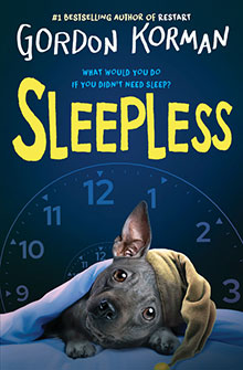 Book cover for "Sleepless" by Gordon Korman, featuring a dog in a nightcap against a clock background.