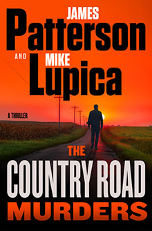 Book cover: A silhouette walks down a rural road at sunset; title reads "The Country Road Murders.