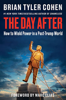 Book cover of "The Day After" showing a golden statue of Trump being pulled down with ropes against a cloudy sky.