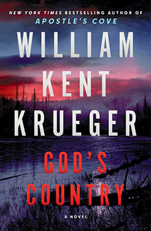 Book cover of "God's Country" by William Kent Krueger, with a lake scene at dusk and bold title text.