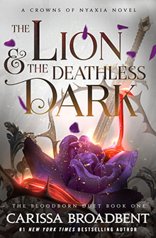 Book cover for "The Lion & the Deathless Dark" with a purple rose, swords, and falling petals.
