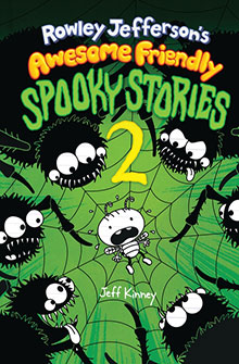 Cartoon spider creatures surrounding a scared boy on a green web, book title "Spooky Stories 2" above.